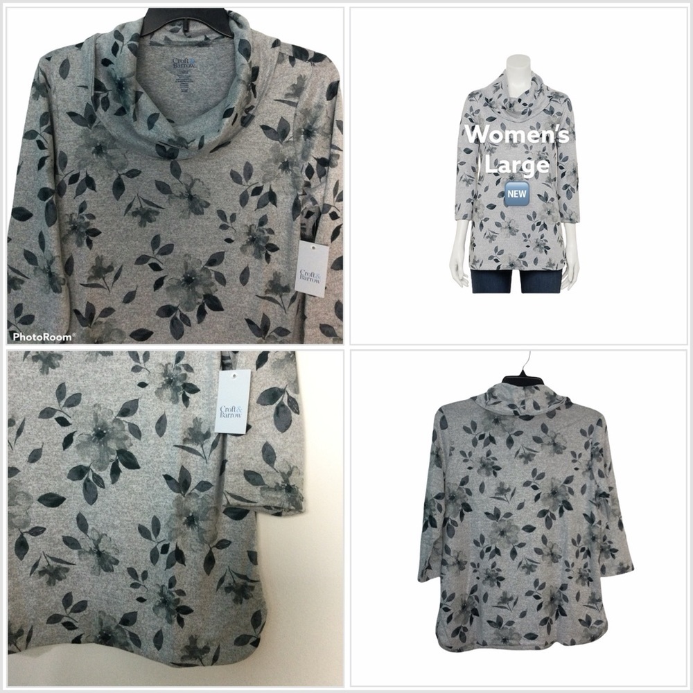 Ladies Croft & Barrow L Large 12 - 14 Mockneck Shirt Tunic 3/4 Sleeve Gray NWT